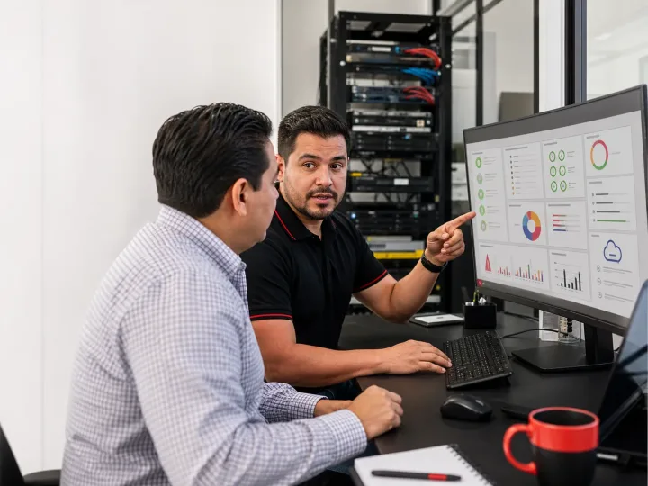 Especialista de PC Express explicando a una empresa los riesgos y controles de seguridad de sus equipos, accesos y red