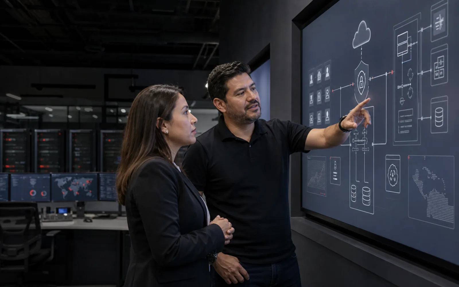 Especialistas planeando una arquitectura empresarial de nube, seguridad, software e inteligencia artificial