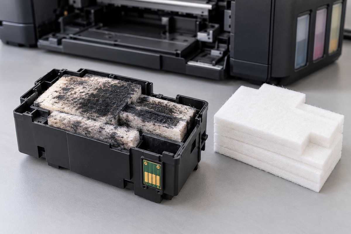 Imagen ilustrativa de almohadillas de tinta residual y chip de una caja de mantenimiento