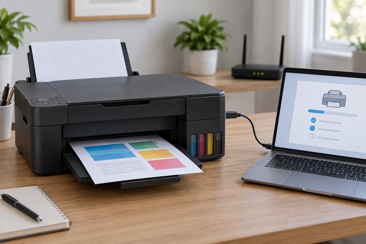 Imagen ilustrativa de instalación y configuración de una impresora con computadora