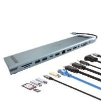 DOCKING STATION EC LINE EC-BYL-2003U2, 12 EN 1, GRIS, USB-C MACHO, HDMI 4K, VGA, USB-A, USB-C PD 100 W, RJ45, LECTOR SD