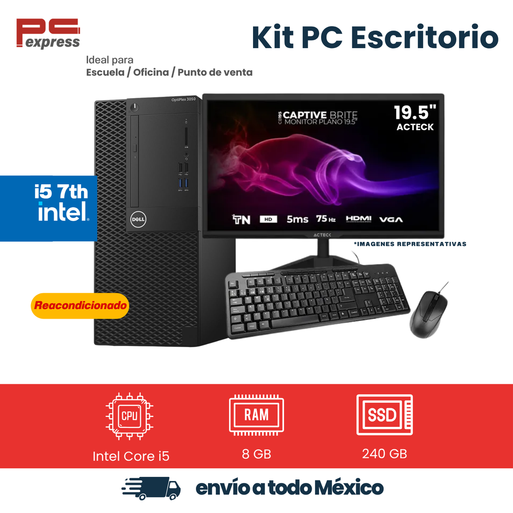 [RFB-DELL-3050MT-I5-8-240] Computadora reacondicionada Dell OptiPlex 3050 MT Intel Core i5-7500, 8 GB RAM, SSD 240 GB